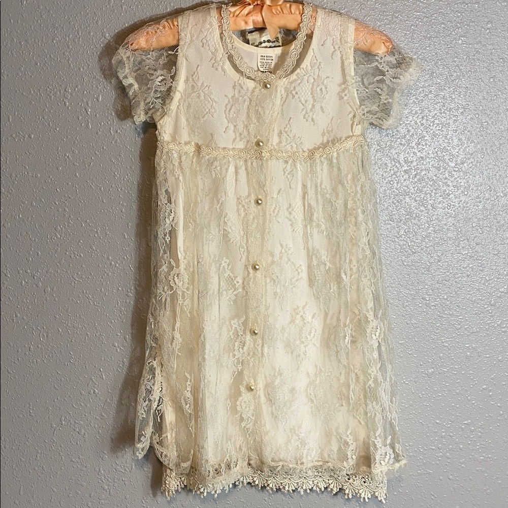 Vintage Elena Collection Ivory Lace Dress – Pearl Button Sheer Overlay Over Slip